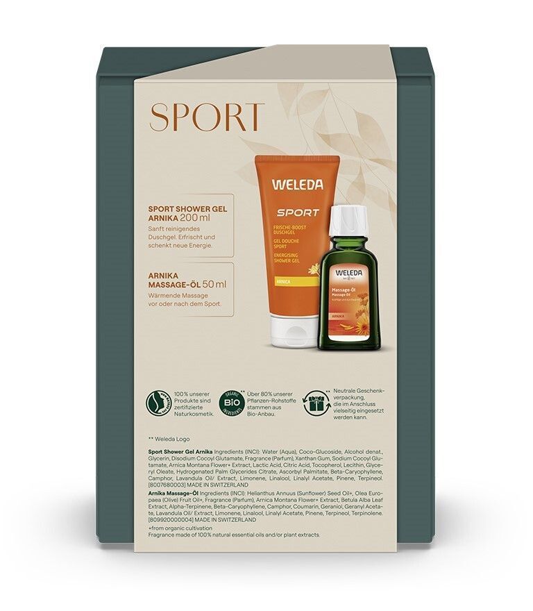 Rückseite der Geschenkbox. Text: SPORT, Arnika, Inhaltsstoffe, Logos. Grüne Verpackung.