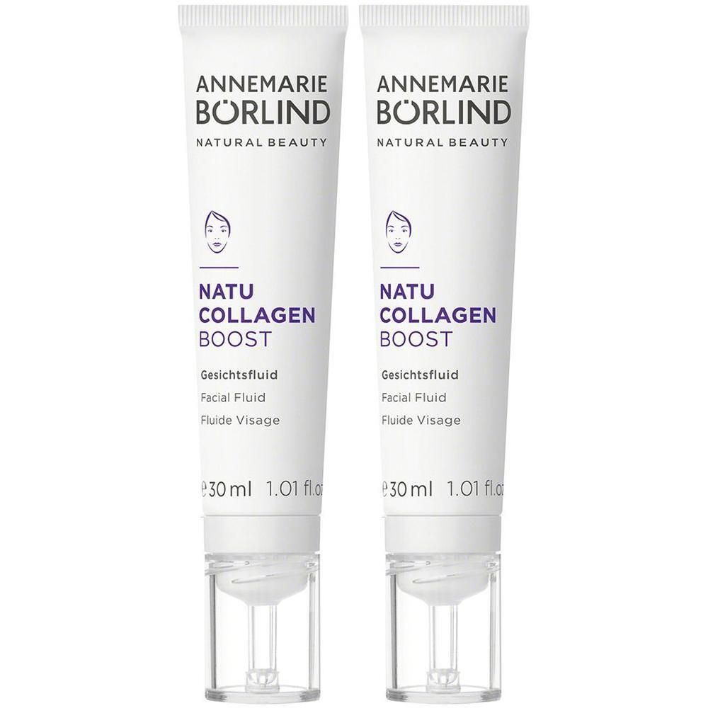 Zwei Tuben ANNEMARIE BÖRLIND NATU COLLAGEN BOOST Gesichtsfluid, je 30 ml.
