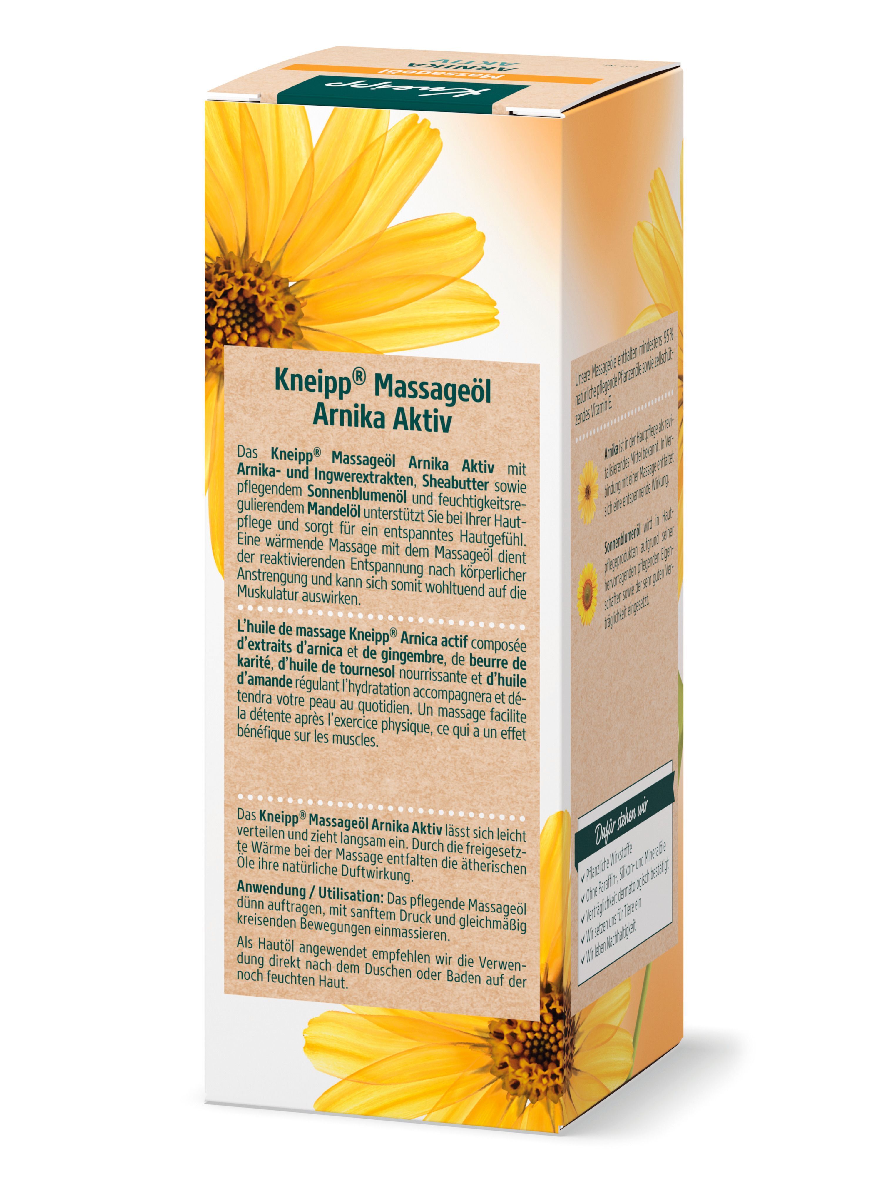 Verpackung mit Text. Kneipp Massageöl Arnika Aktiv. Text in Deutsch und Französisch. Gelbe Blume.