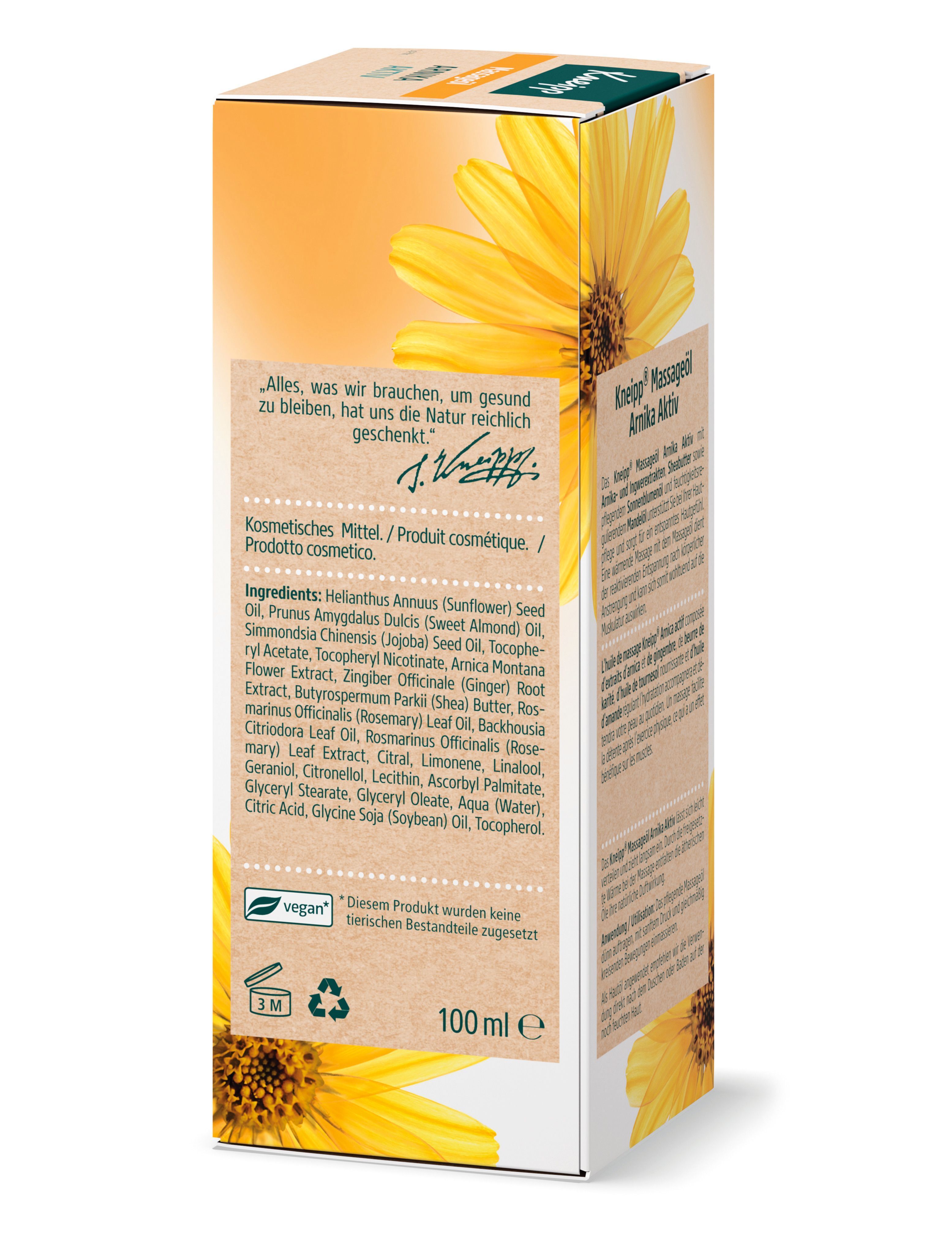 Verpackung mit Text. Kneipp Massageöl Arnika Aktiv. Zutatenliste. Vegan-Siegel. 100 ml.
