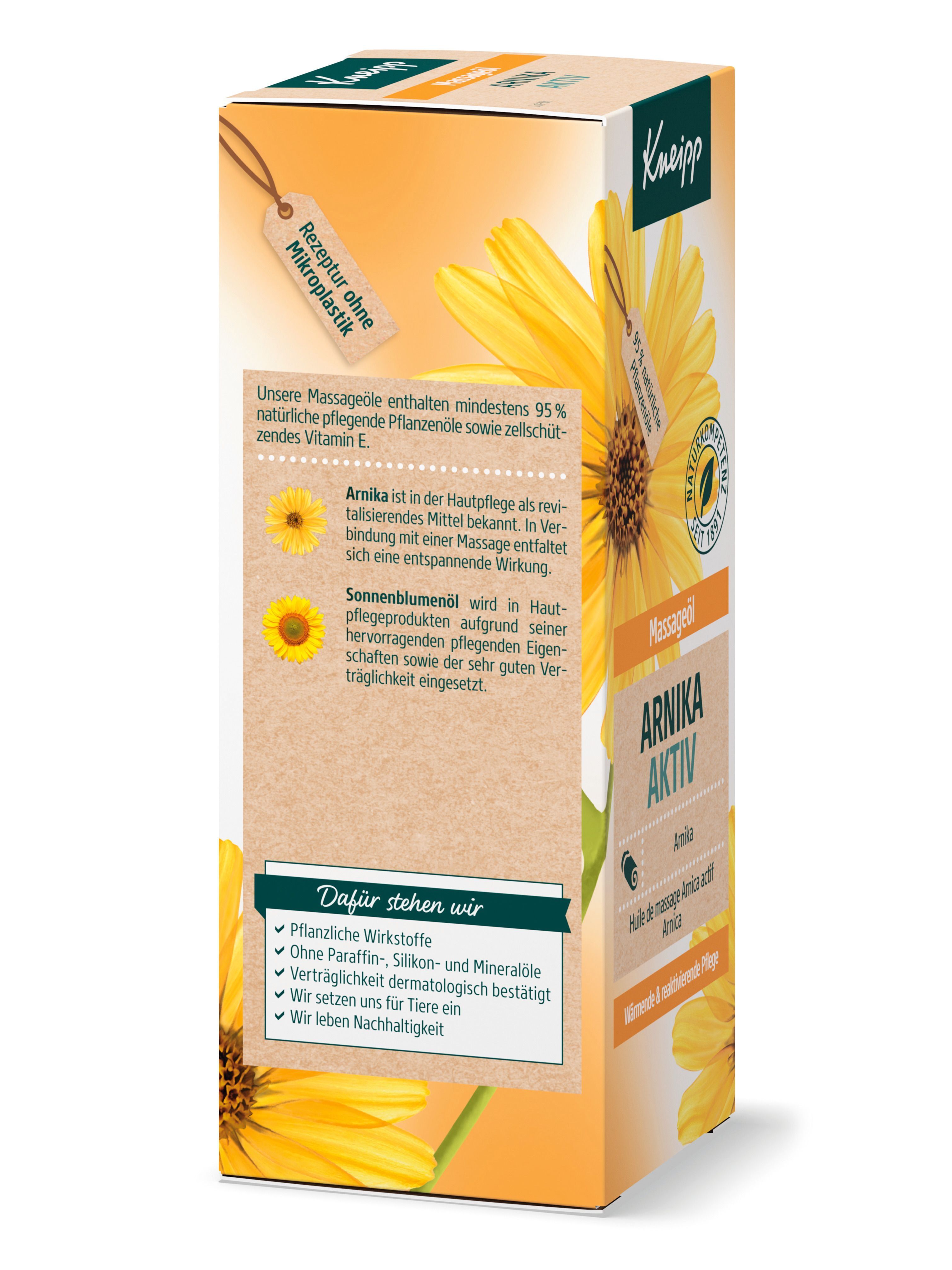 Verpackung mit Text. Kneipp Massageöl Arnika Aktiv. Text über Inhaltsstoffe. Gelbe Blume. Rezeptur ohne Mikroplastik.