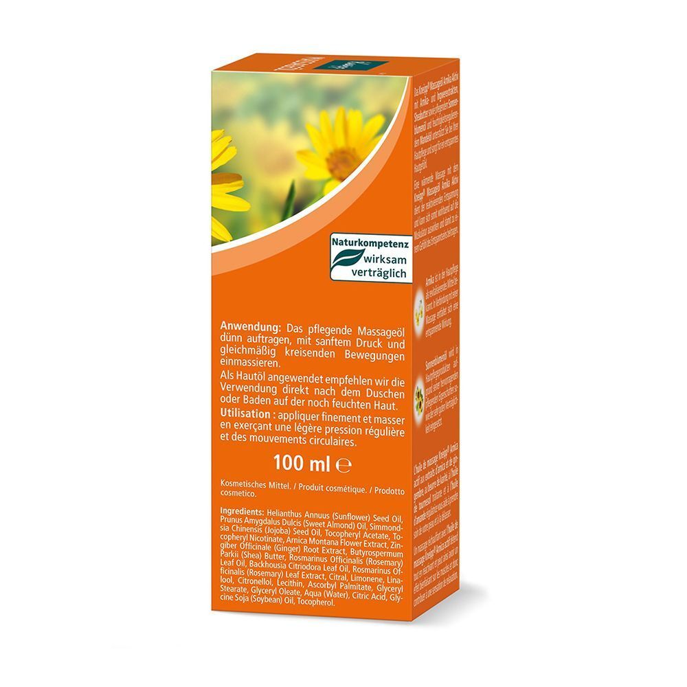 Verpackung mit Text. Kneipp Massageöl Arnika Aktiv. Anwendungshinweise. 100 ml. Naturkompetenz-Siegel.