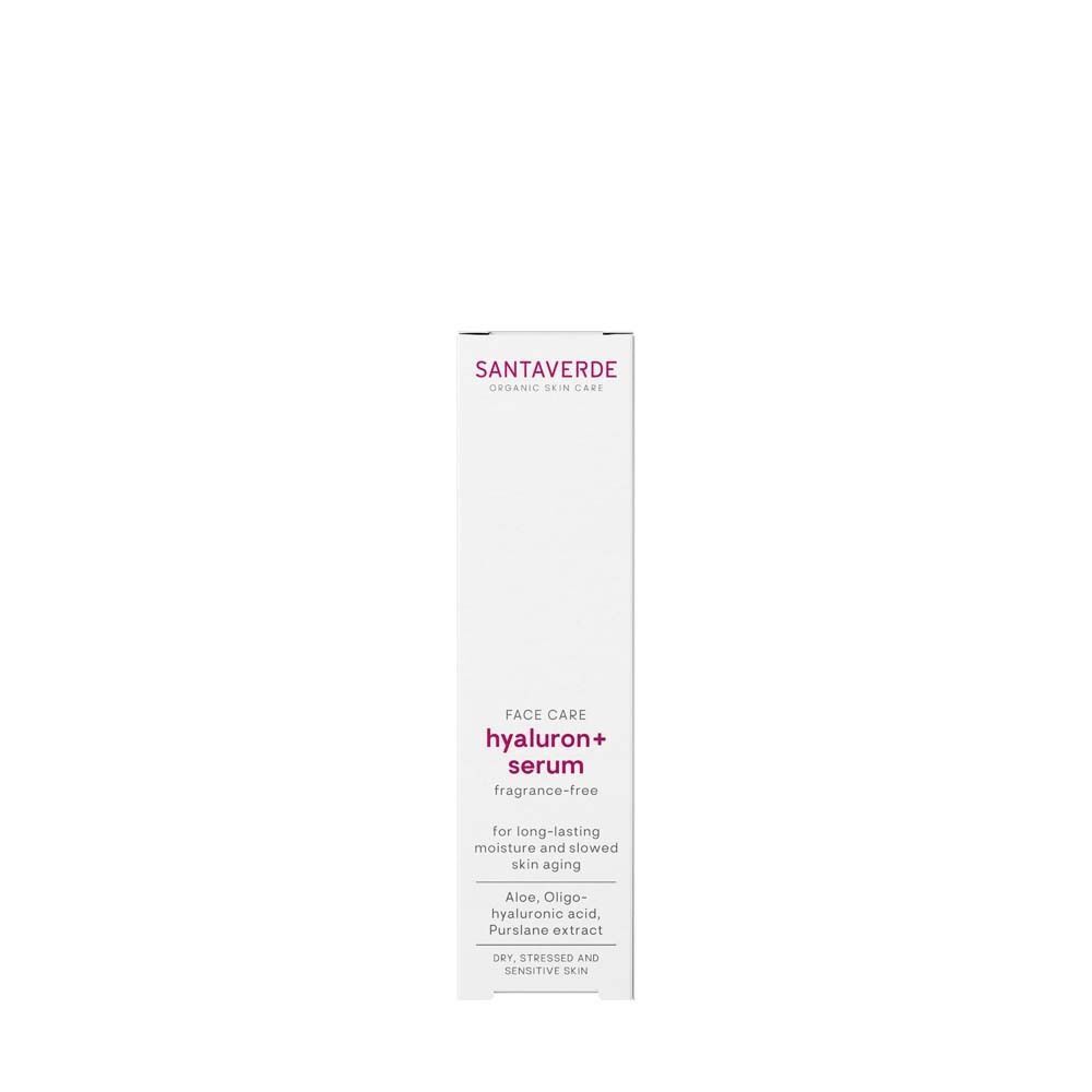 Weiße Verpackung SANTAVERDE FACE CARE hyaluron+ serum. Text: fragrance-free. Für langanhaltende Feuchtigkeit und verlangsamte Hautalterung.