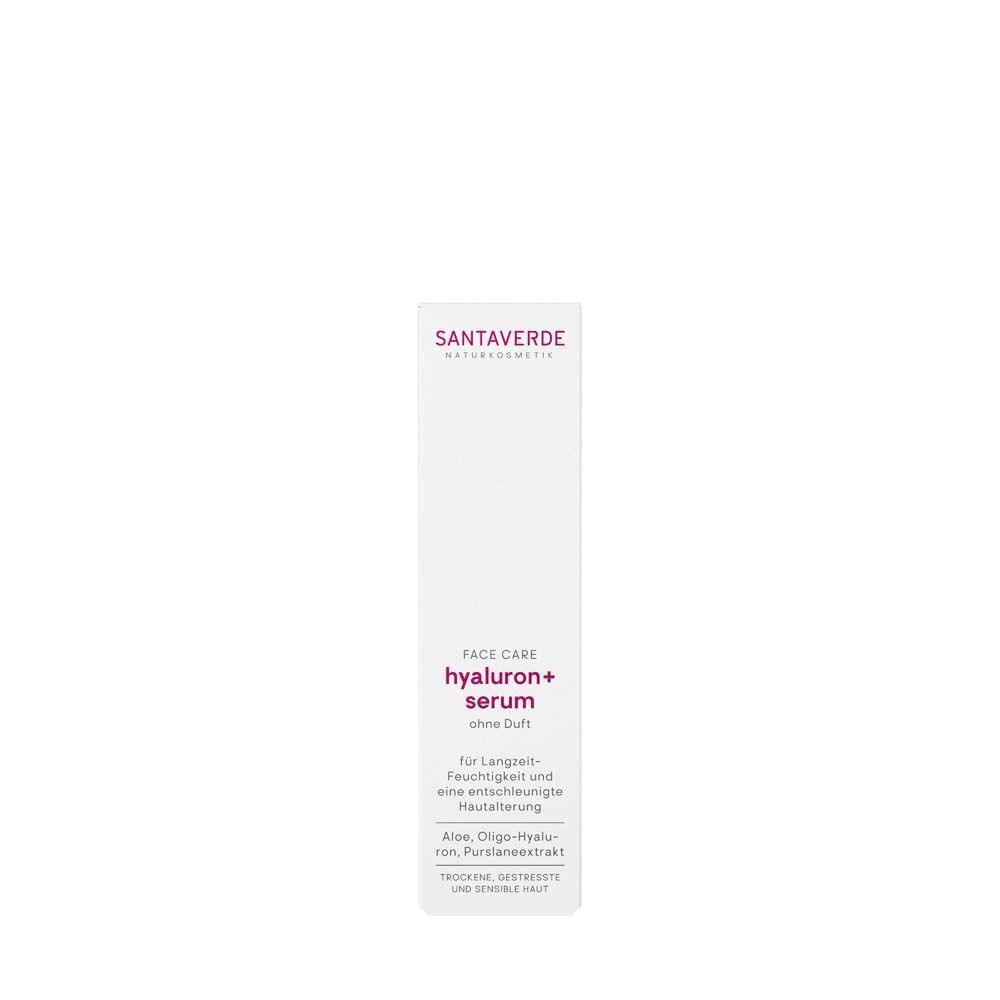 Weiße Verpackung SANTAVERDE FACE CARE hyaluron+ serum. Text: ohne Duft. Für langanhaltende Feuchtigkeit und eine verlangsamte Hautalterung.