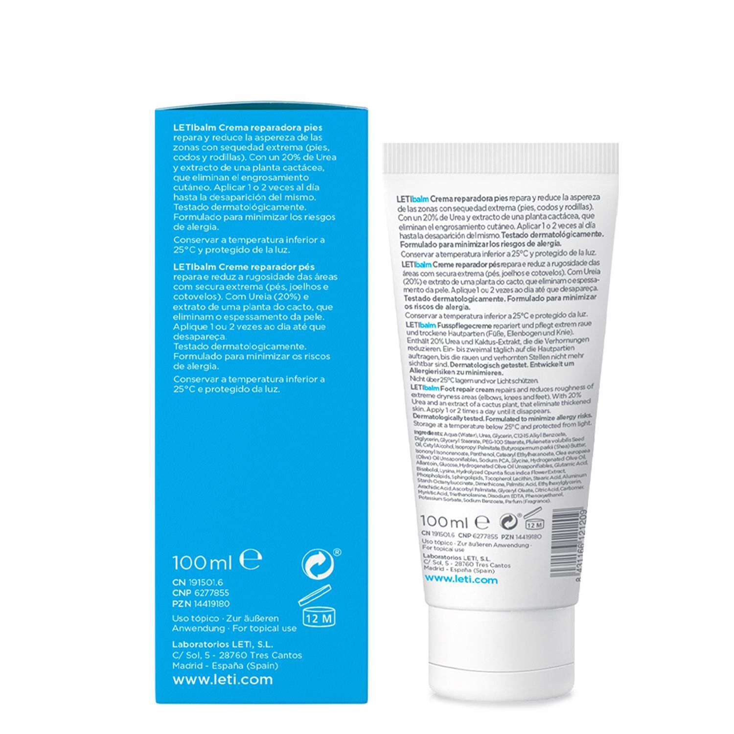 Rückseite der Verpackung von LETI balm Fußpflegecreme. Text in mehreren Sprachen. 100ml. Mit 20% Urea.
