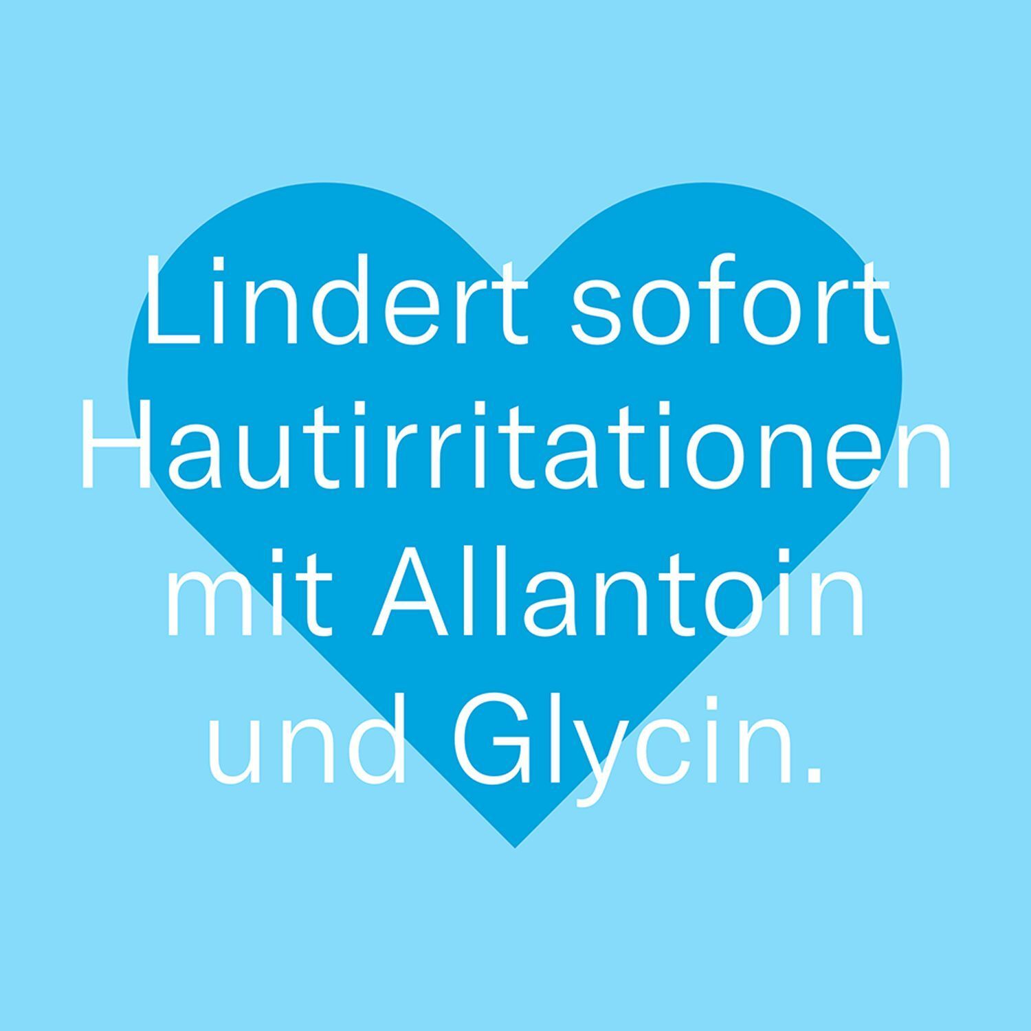 Blauer Hintergrund mit weißem Herz. Text: Lindert sofort Hautreizungen mit Allantoin und Glycin.