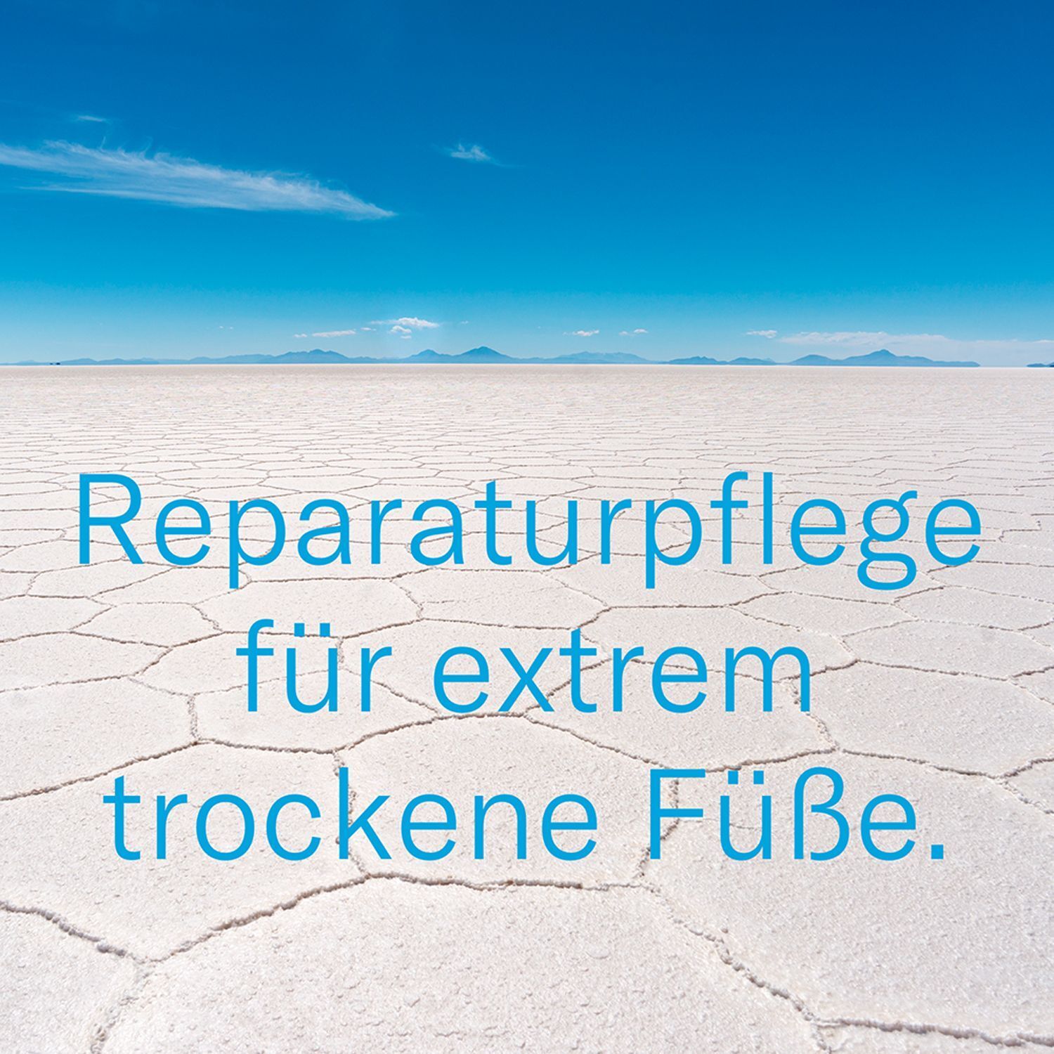 Landschaft mit blauem Himmel und weißem Boden. Text: Reparaturpflege für extrem trockene Füße.