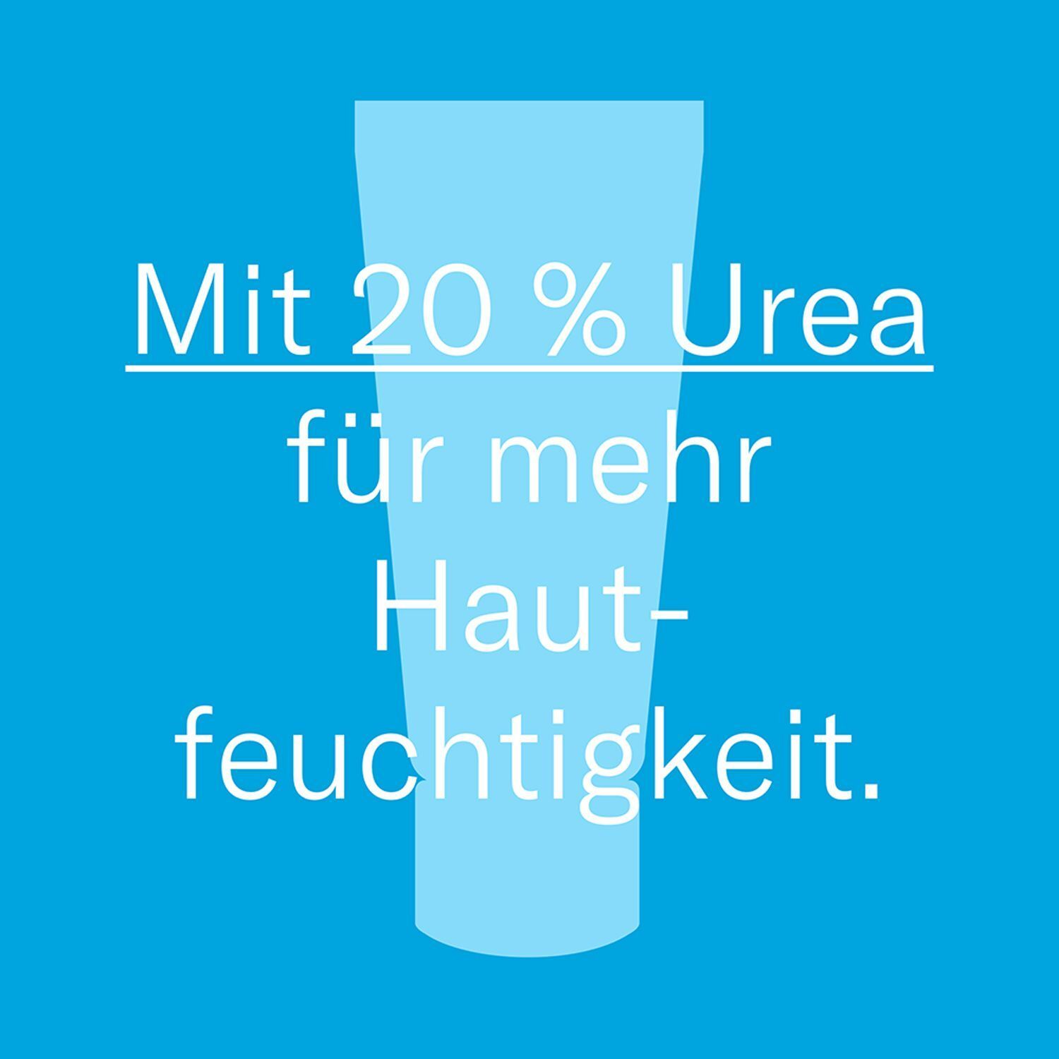 Blauer Hintergrund mit weißer Tube. Text: Mit 20% Urea für mehr Hautfeuchtigkeit.
