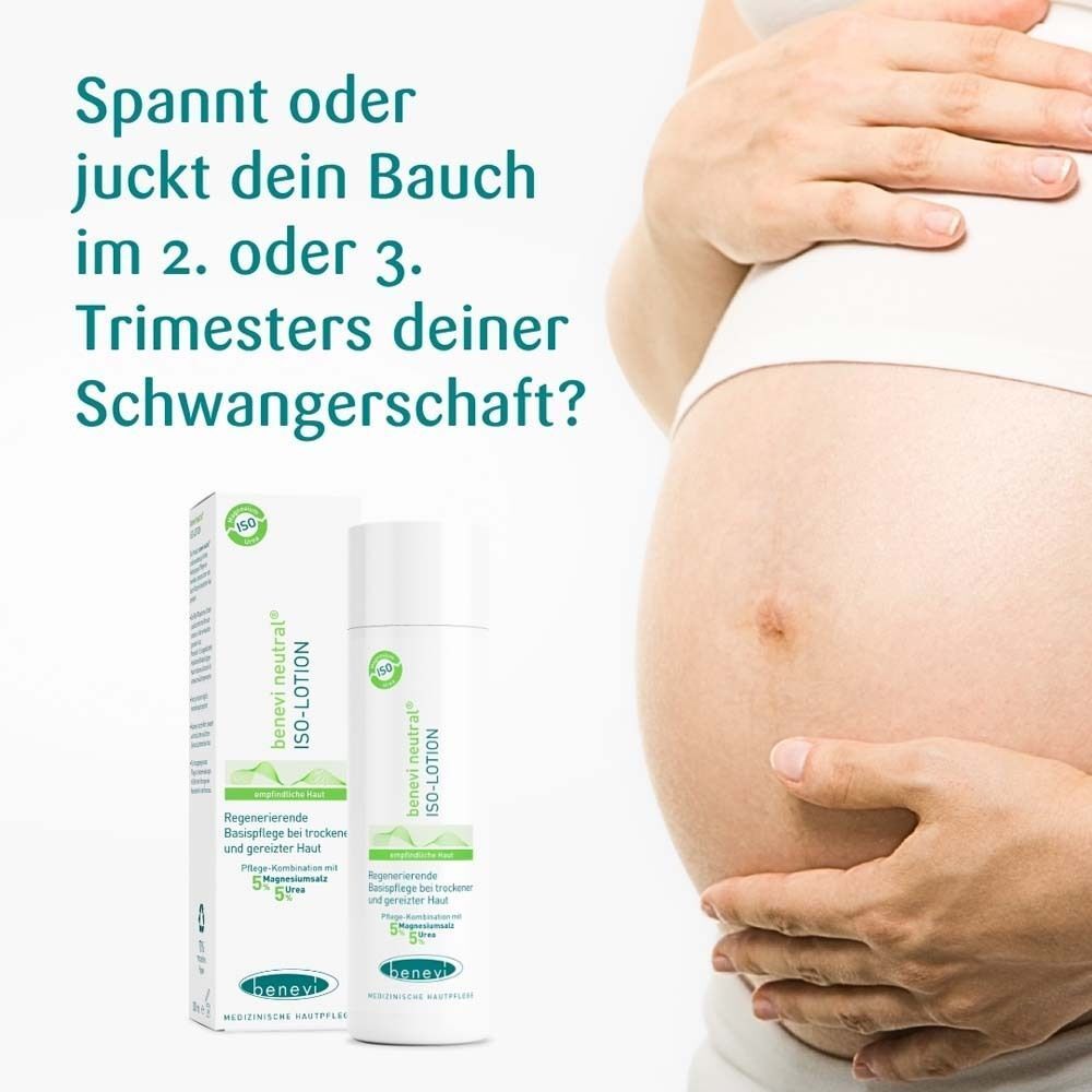 benevi neutral ISO-Lotion-Flasche und Verpackung neben einer schwangeren Frau. Frage: Spannender oder juckender Bauch im 2. oder 3. Trimester?