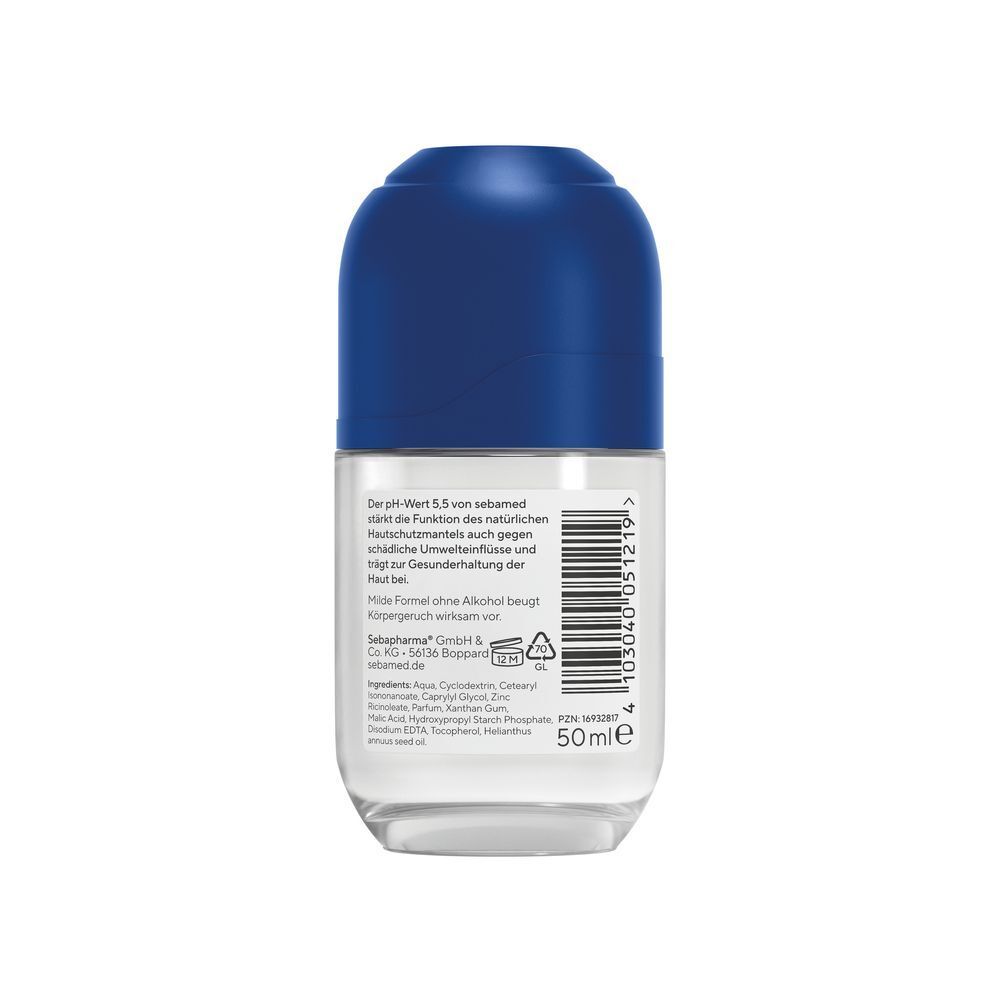 Rückseite eines Roll-on-Deodorants mit blauer Kappe. Text und Barcode. Aufschrift: sebamed, pH-Wert 5,5, 50ml.