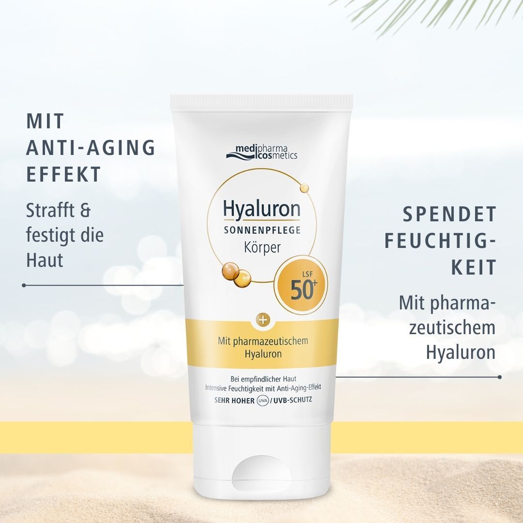 Tube medipharma cosmetics Hyaluron Sonnenpflege Körper LSF 50+ mit Text. Weiße Tube mit gelben und blauen Elementen. Text: Spendet Feuchtigkeit, Anti-Aging Effekt.