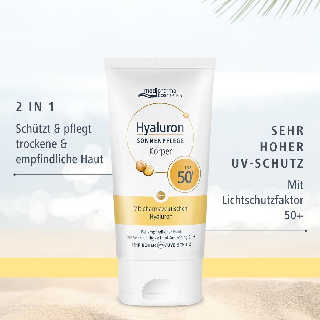 Tube medipharma cosmetics Hyaluron Sonnenpflege Körper LSF 50+ mit Text. Weiße Tube mit gelben und blauen Elementen. Text: 2 in 1, UV-Schutz, Lichtschutzfaktor 50+.