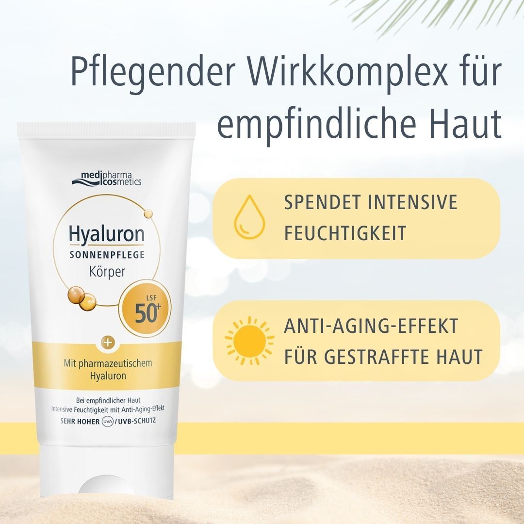 Tube medipharma cosmetics Hyaluron Sonnenpflege Körper LSF 50+ mit Text. Weiße Tube mit gelben und blauen Elementen. Text: Spendet intensive Feuchtigkeit, Anti-Aging Effekt.