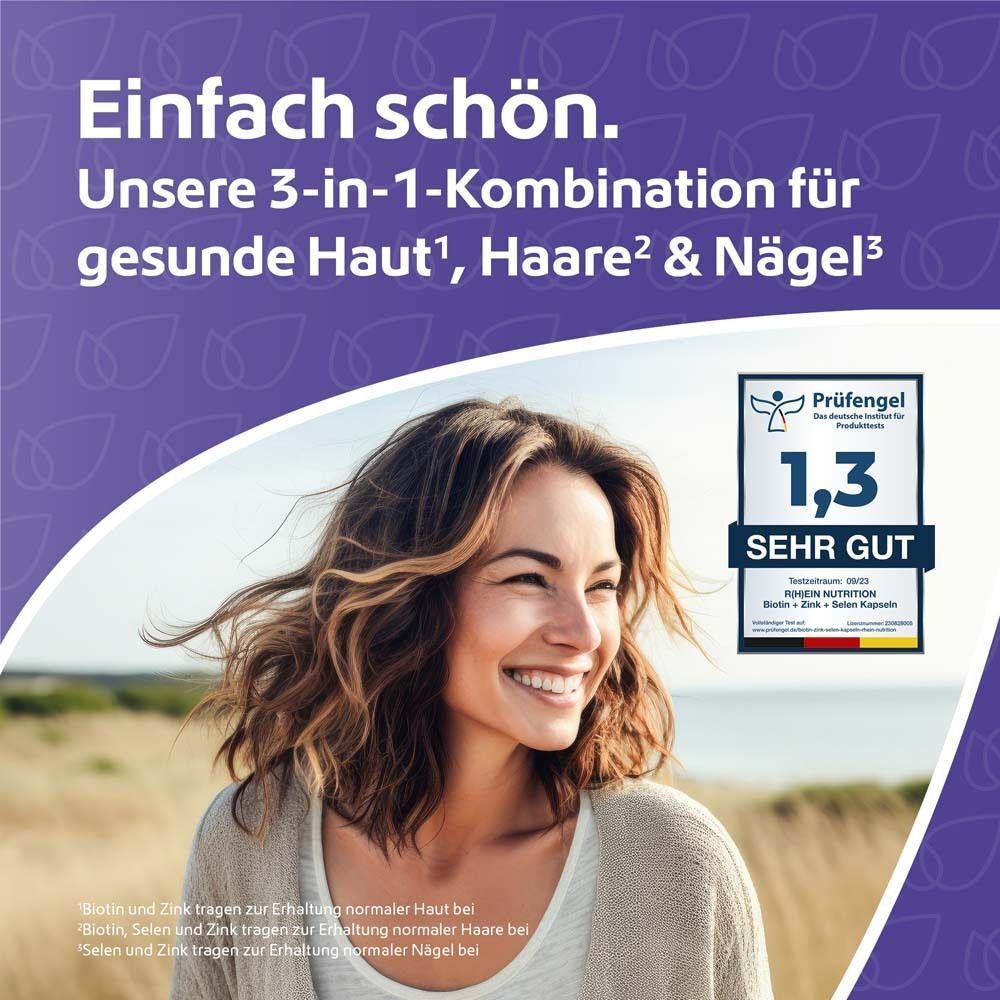Frau lächelt. Text: 3-in-1-Kombination für gesunde Haut, Haare & Nägel. Prüfzeichen: 1,3 Sehr Gut.