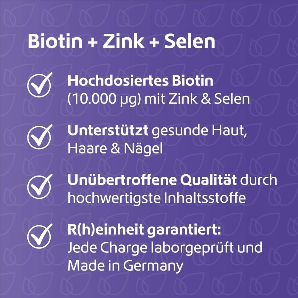 Text: Hochdosiertes Biotin, Zink & Selen. Unterstützt gesunde Haut, Haare & Nägel. Made in Germany.