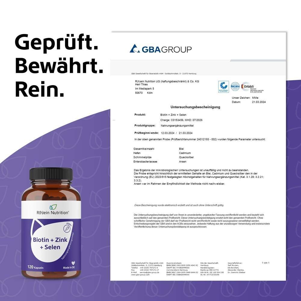 Zertifikat der GBA Group. Bestätigung der Untersuchungsergebnisse. Produkt: Biotin+Zink+Selen.