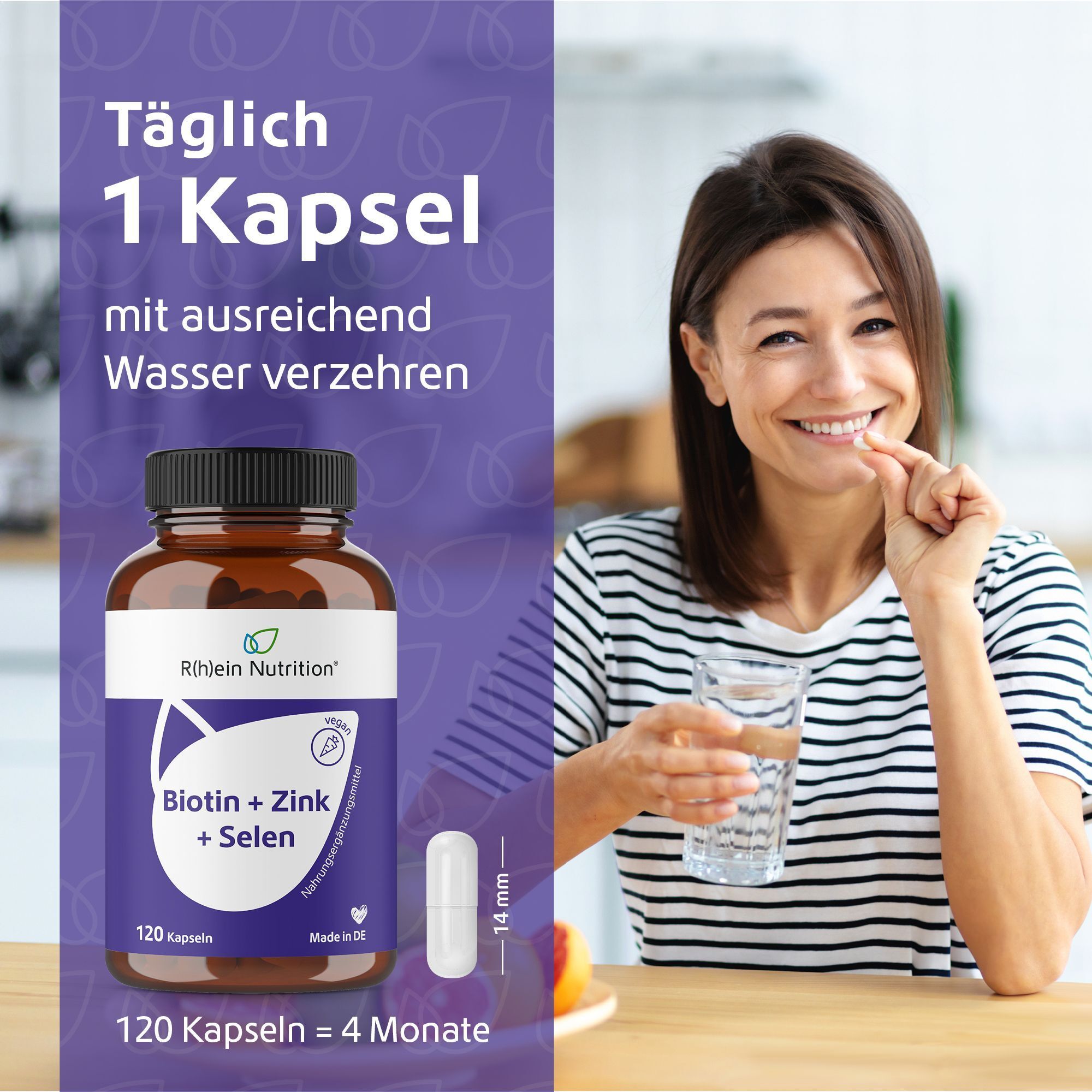 Frau nimmt Kapsel mit Wasser. Flasche mit Produkt. Kapselgröße: 14 mm. 120 Kapseln = 4 Monate.