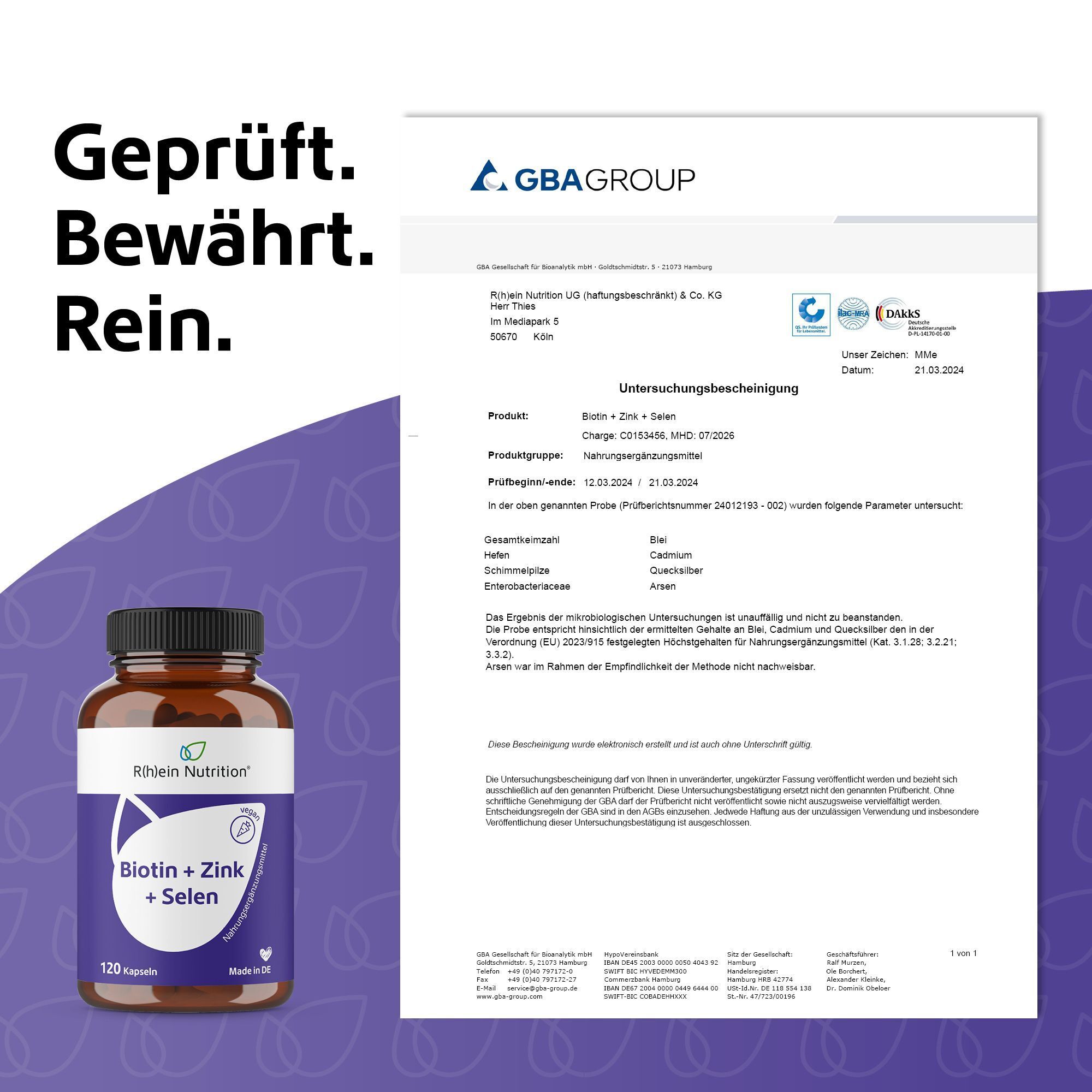 Zertifikat der GBA Group. Bestätigung der Untersuchungsergebnisse. Produkt: Biotin+Zink+Selen.