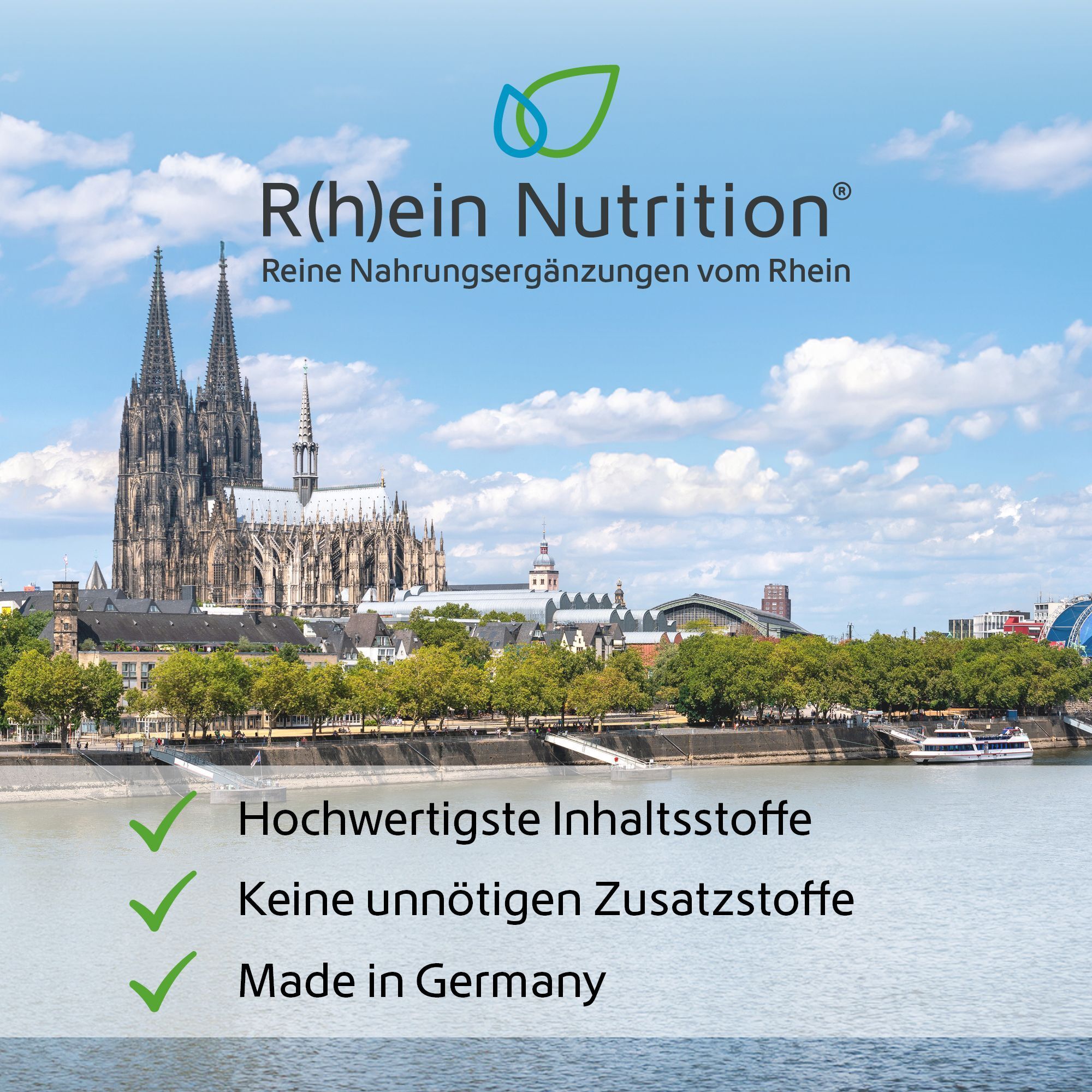 Landschaft mit Dom. Text: Reine Nahrungsergänzungen vom Rhein. Vorteile: hochwertige Inhaltsstoffe, Made in Germany.