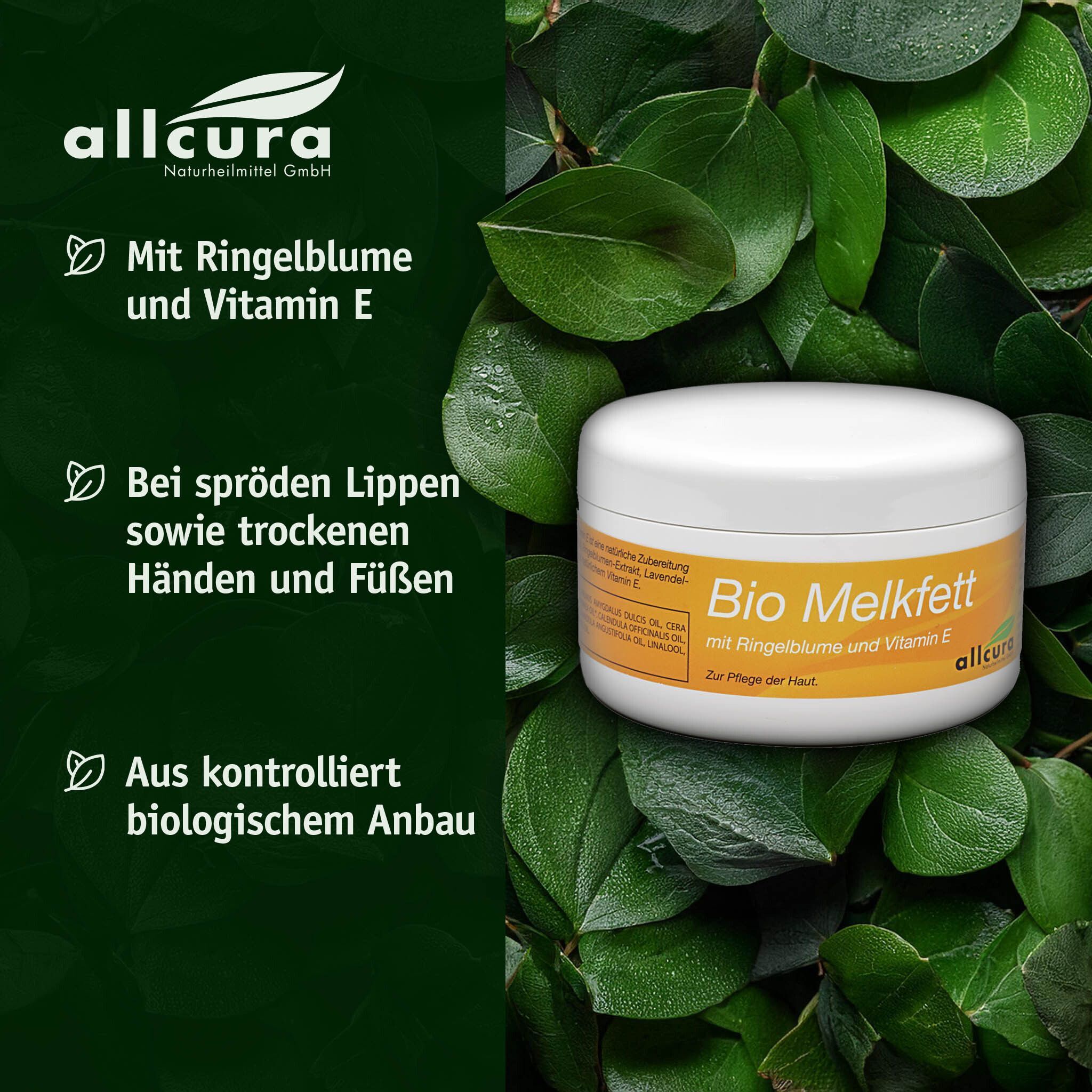 Weißer Tiegel mit gelbem Etikett vor grünem Blattwerk. Aufschrift: Bio Melkfett mit Ringelblume und Vitamin E. Allcura Logo.