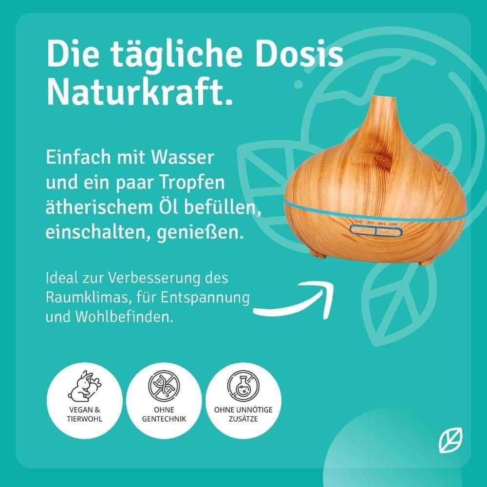Casida Aromadiffuser Holzdign mit LED und Hinweisen zu Natürlichkeit und Wohlbefinden.