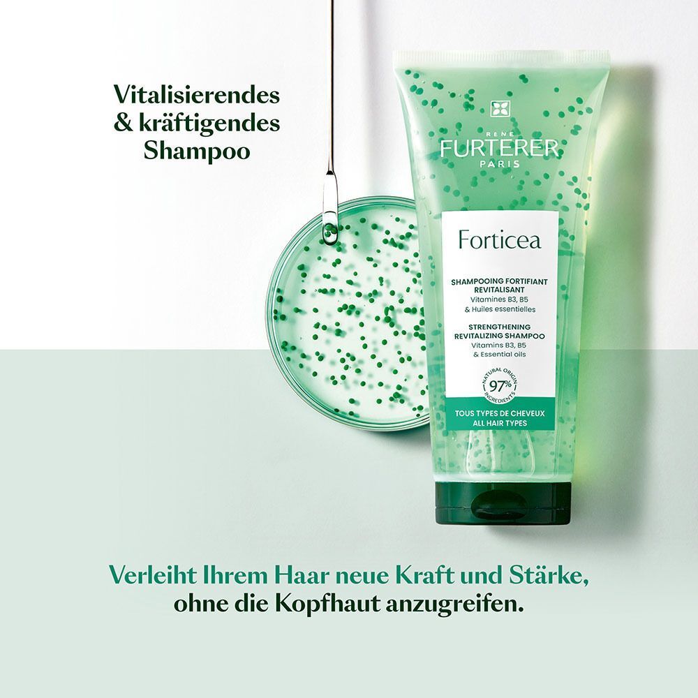 Eine Tube Shampoo mit grünen Kügelchen. Aufschrift: RENE FURTERER PARIS, Forticea. Text: Vitalisierendes & kräftigendes Shampoo.
