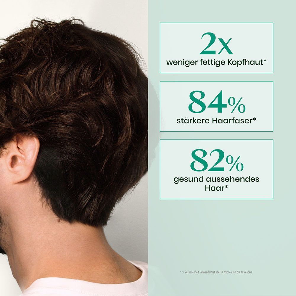 Nahaufnahme eines Mannes mit braunem Haar. Text: 2x weniger fettige Kopfhaut, 84% stärkere Haarfaser, 82% gesund aussehendes Haar.
