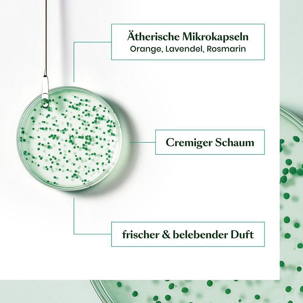 Nahaufnahme von ätherischen Ölen und cremigen Schaum. Text: Ätherische Mikrokapseln, cremiger Schaum, frischer & belebender Duft.