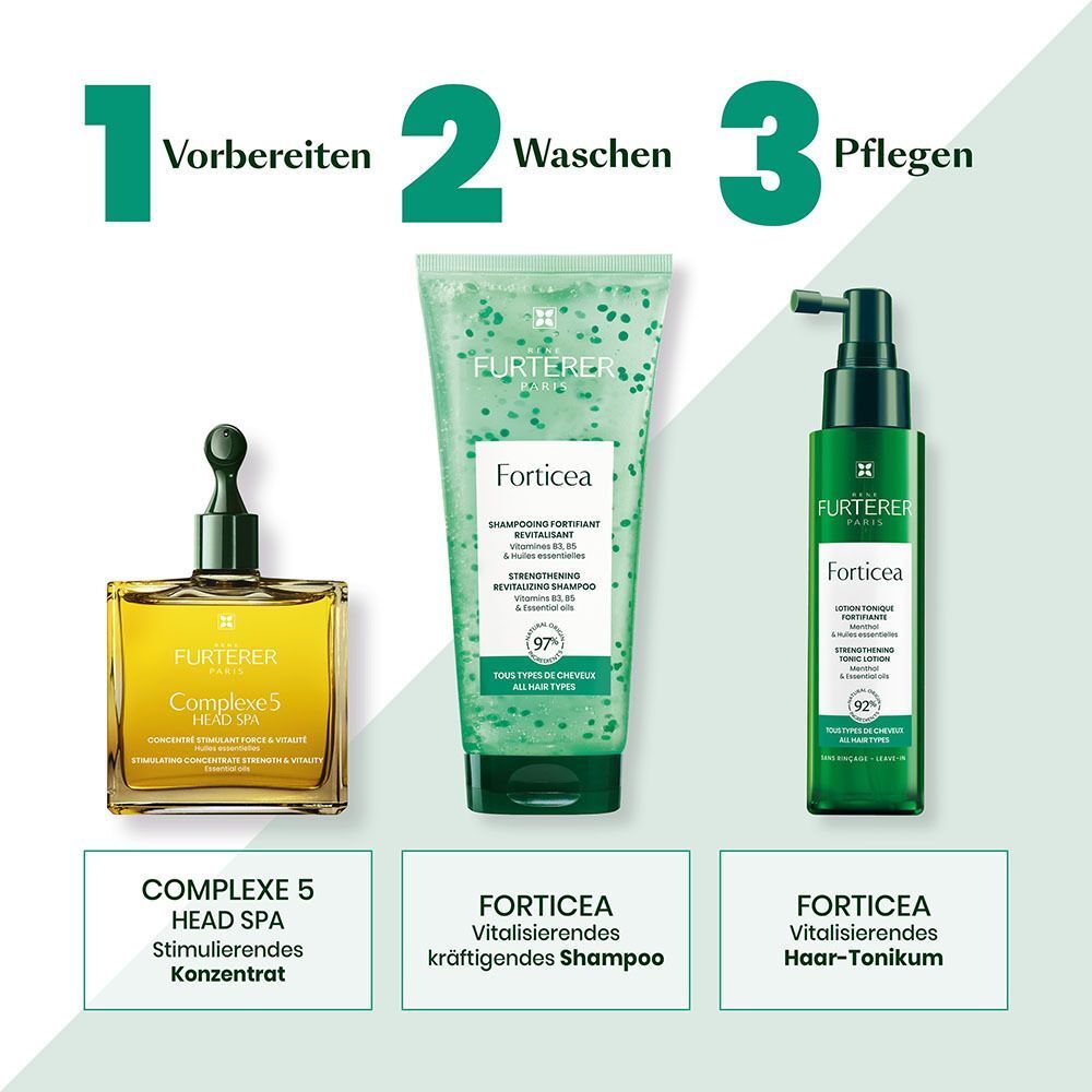 Drei Produkte nebeneinander. Text: Vorbereiten, Waschen, Pflegen. Produkte: Complex 5, Forticea Shampoo, Forticea Haar-Tonikum.