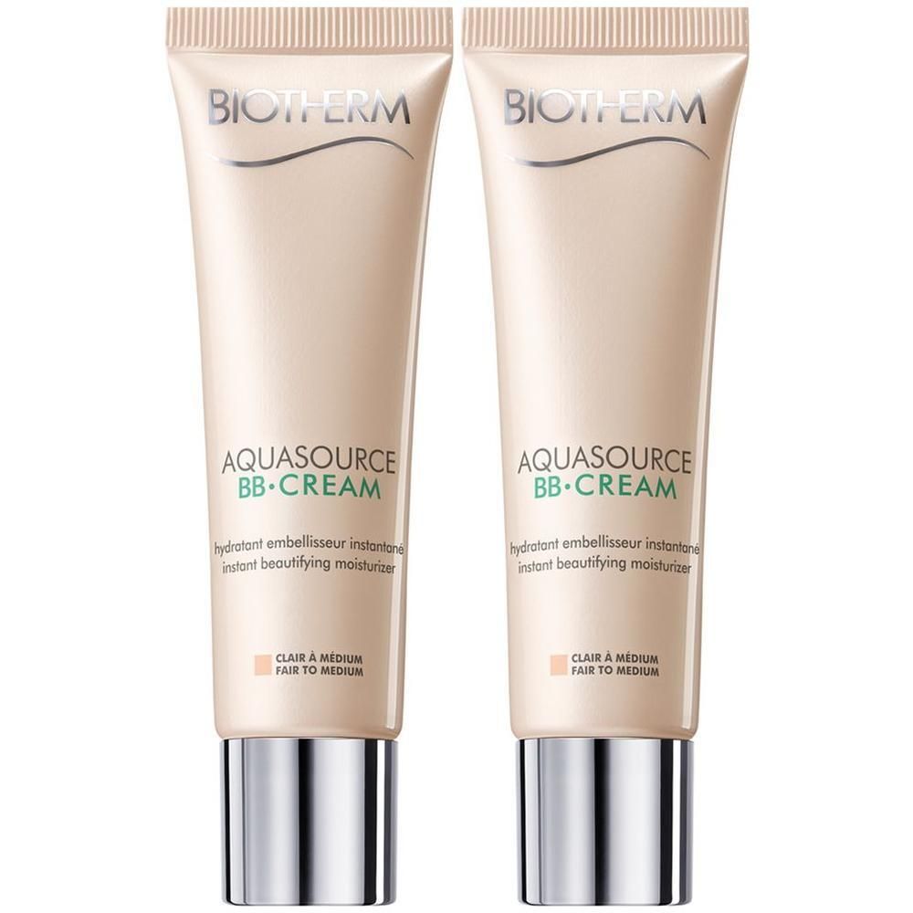 Zwei Tuben BIOTHERM Aquasource BB Cream. Aufschrift: BB-CREAM, Clair à Medium. Beige Tuben mit silbernen Verschlüssen.