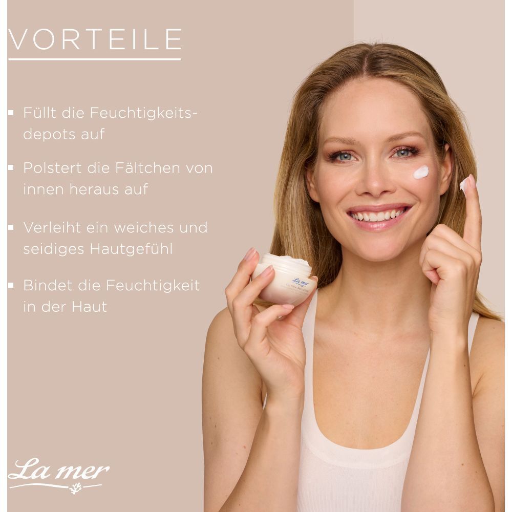 Frau mit Produkt auf dem Finger, neben Text über Vorteile des Produkts.