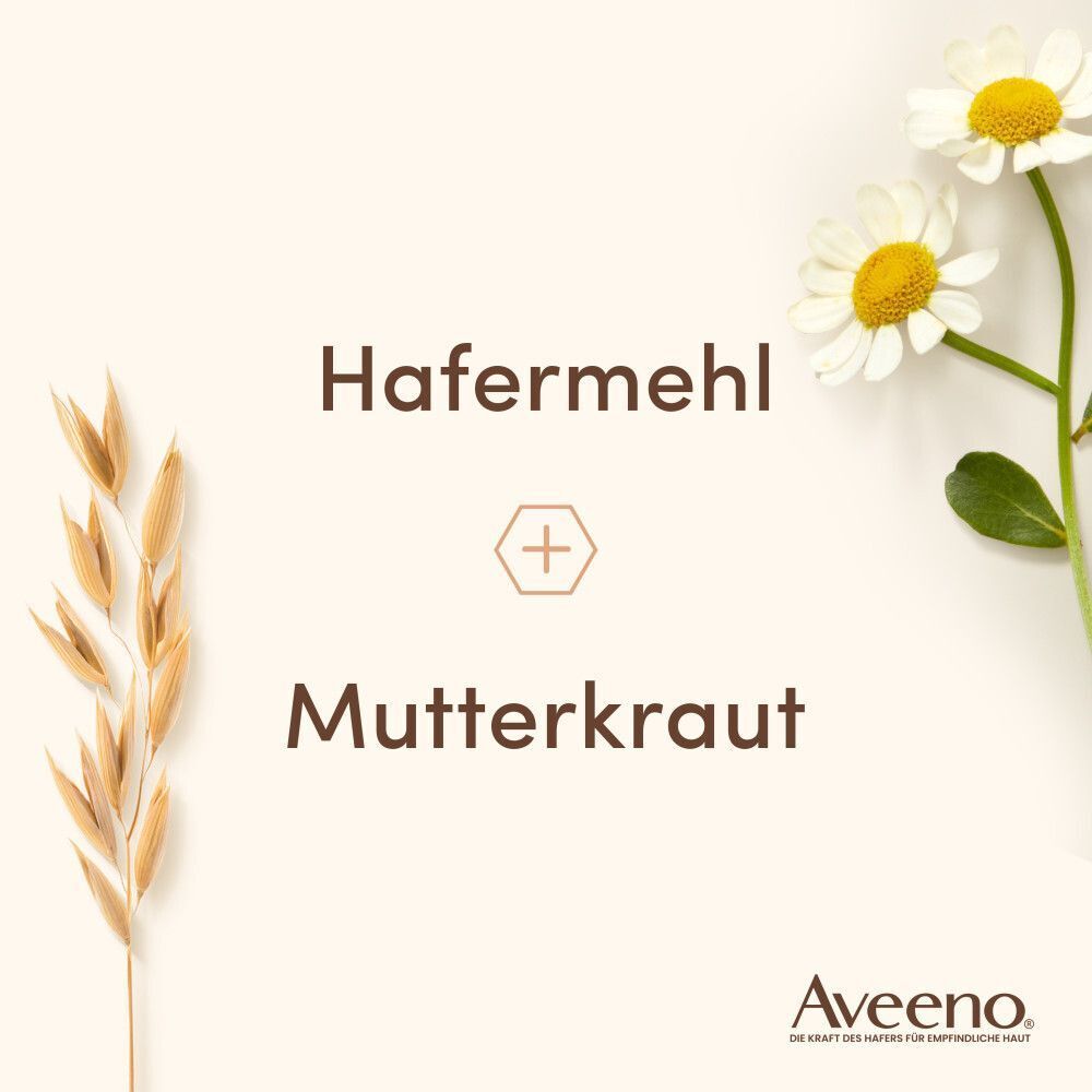 Text: Hafermehl + Mutterkraut. Illustrationen von Hafer und Kamillenblüten. AVEENO Logo.