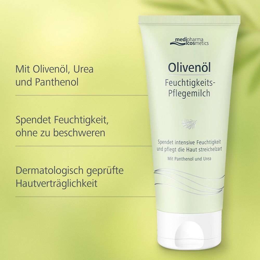 Tube Olivenöl Feuchtigkeits-Pflegemilch. Hellgrüne Tube mit weißem Verschluss. Text: medipharma cosmetics, Olivenöl, Feuchtigkeits-Pflegemilch. Zusätzlicher Text.