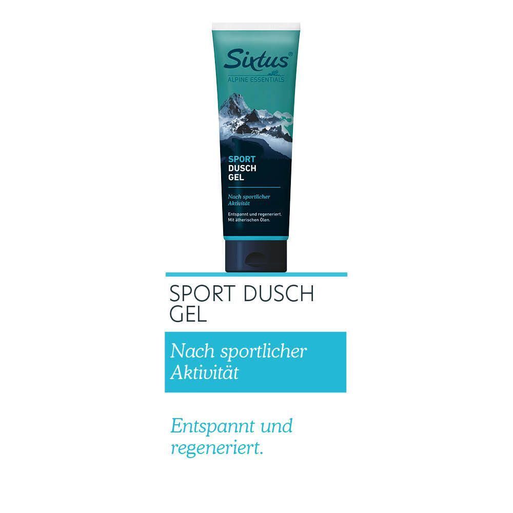 Sixtus® Sport Duschgel Tube. Türkis-weiße Verpackung mit Bergmotiv. Produktname und Text auf weißem Hintergrund.