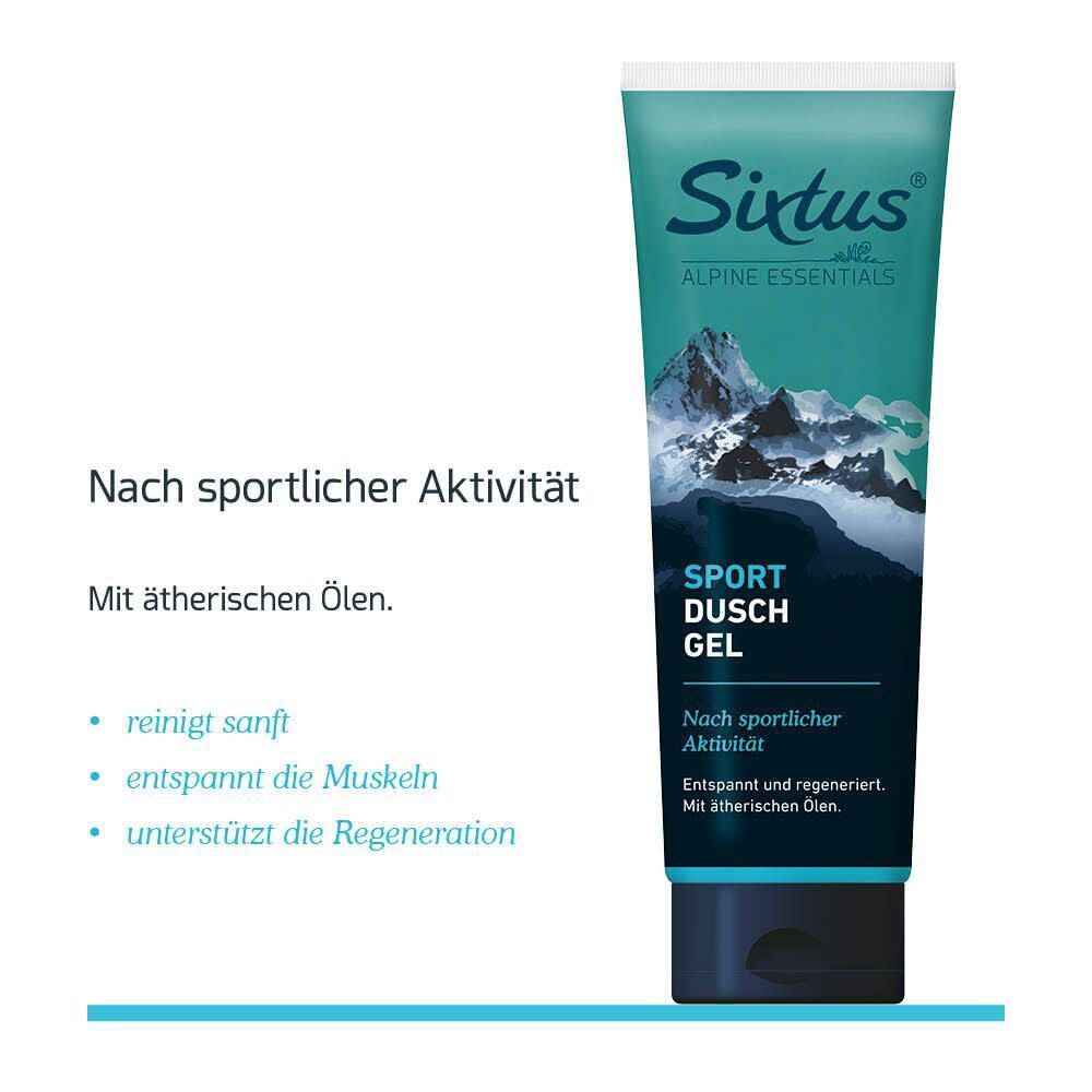 Sixtus® Sport Duschgel Tube. Türkis-weiße Verpackung mit Bergmotiv. Produktname und Text. Zusätzliche Textinformationen.