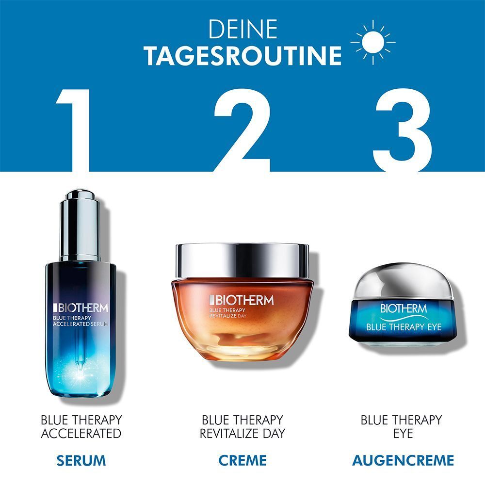 Drei BIOTHERM Produkte: Serum, Tagescreme und Augencreme. Text: Blue Therapy Accelerated Serum, Revitalize Day Creme, Blue Therapy Eye.