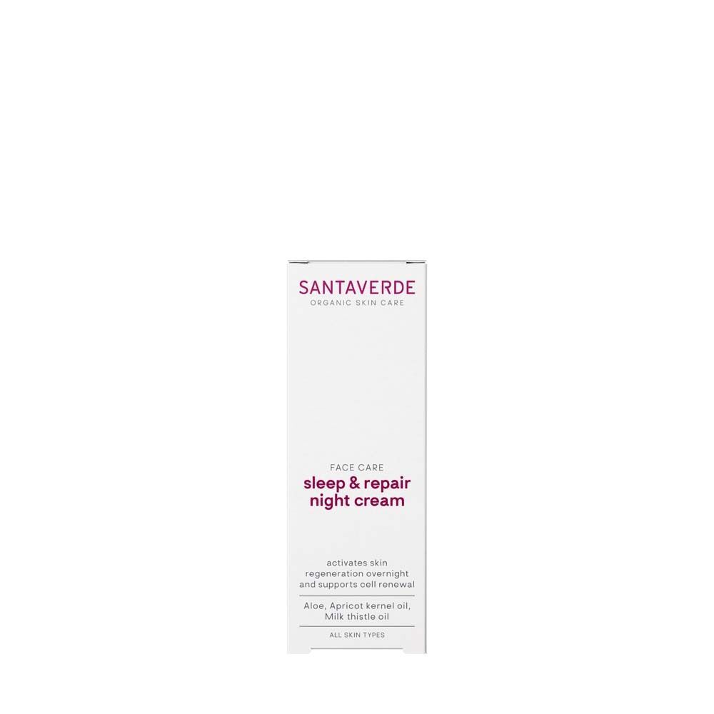 Verpackung Nachtcreme. Weiß, mit lila Schrift. Text: SANTAVERDE, FACE CARE, sleep & repair night cream.