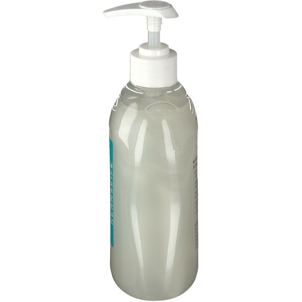 Flüssigseifenflasche mit Pumpverschluss. Transparente Flasche mit cremiger Flüssigkeit. Seitenansicht mit Etikett.