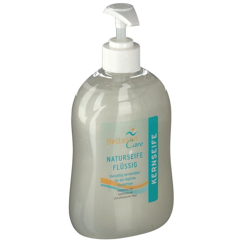 Flüssigseifenflasche mit Pumpverschluss. Aufkleber mit Produktname und Logo. Transparente Flasche mit cremiger Flüssigkeit.
