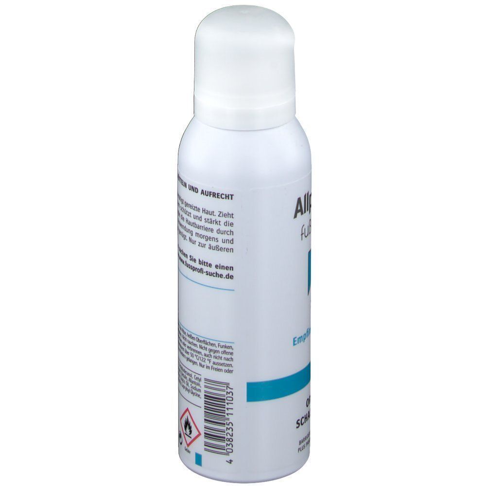 Weiße Sprühflasche mit Allpresan Fuß spezial. Rückseite mit Text, blauer Linie und Gefahrensymbolen. Aufschrift: 125ml.