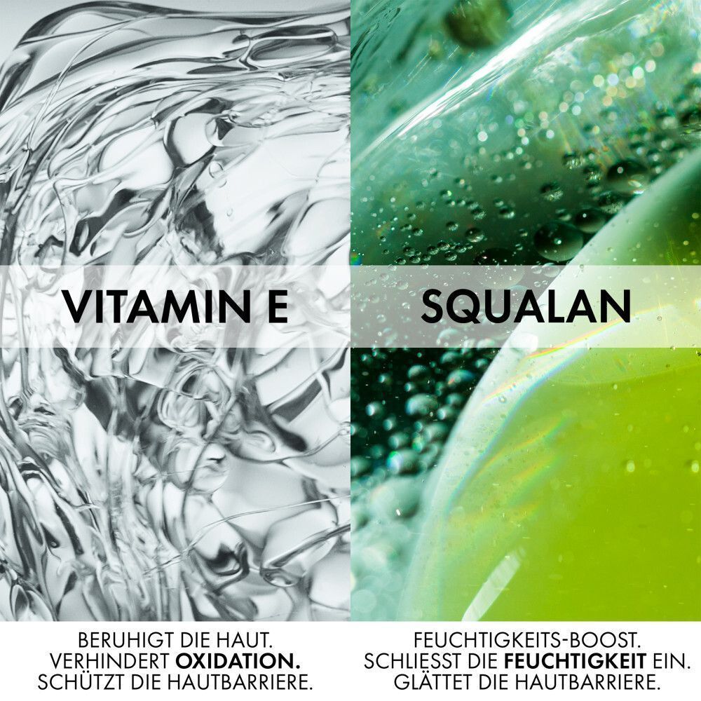 Aufteilung in zwei Bereiche: Vitamin E und Squalan. Text: BERUHIGT DIE HAUT. VERHINDERT OXIDATION. SCHÜTZT DIE HAUTBARRIERE.