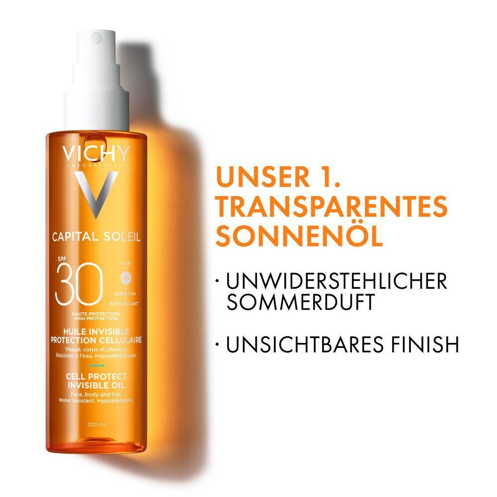 Flasche VICHY CAPITAL Soleil Cell Protect Oil LSF 30. Text: UNSER 1. TRANSPARENTES SONNENÖL. UNWIDERSTEHLICHER SOMMERDUFT. UNSICHTBARES FINISH.