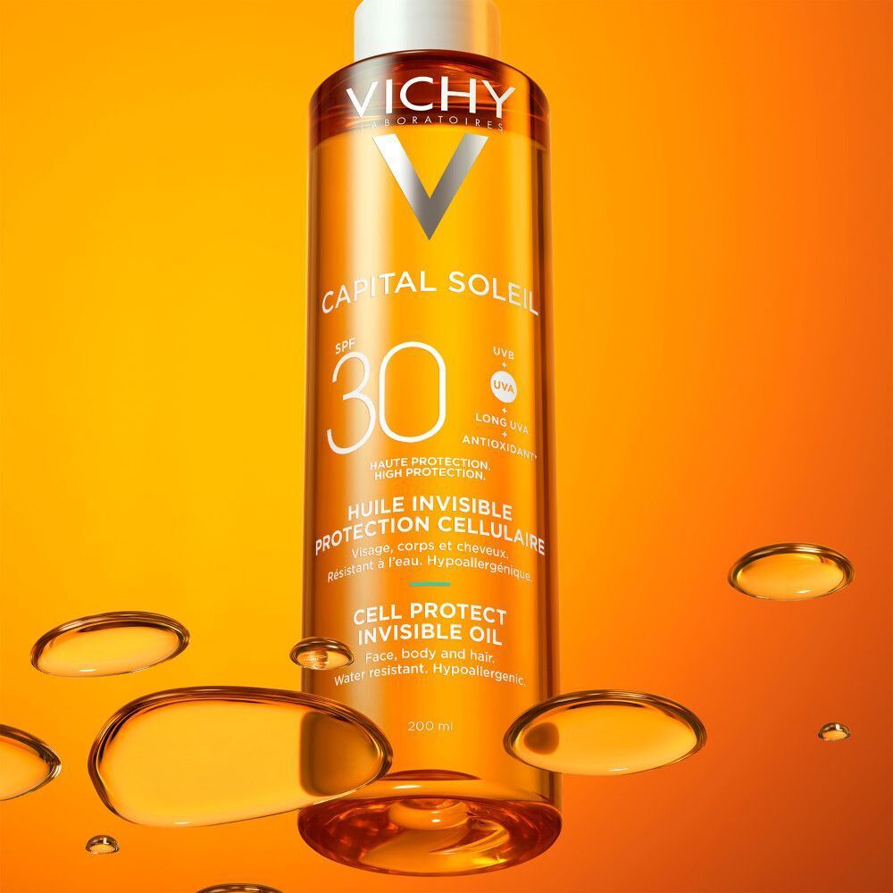 Flasche VICHY CAPITAL Soleil Cell Protect Oil LSF 30. Text: HUILE INVISIBLE PROTECTION CELLULAIRE. 200 ml.