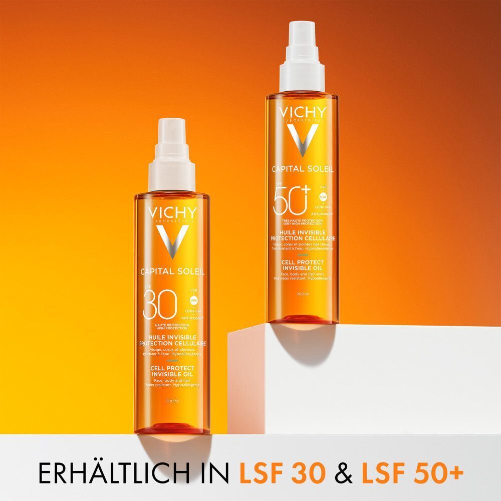 Zwei Flaschen VICHY CAPITAL Soleil. Text: ERHÄLTLICH IN LSF 30 & LSF 50+.