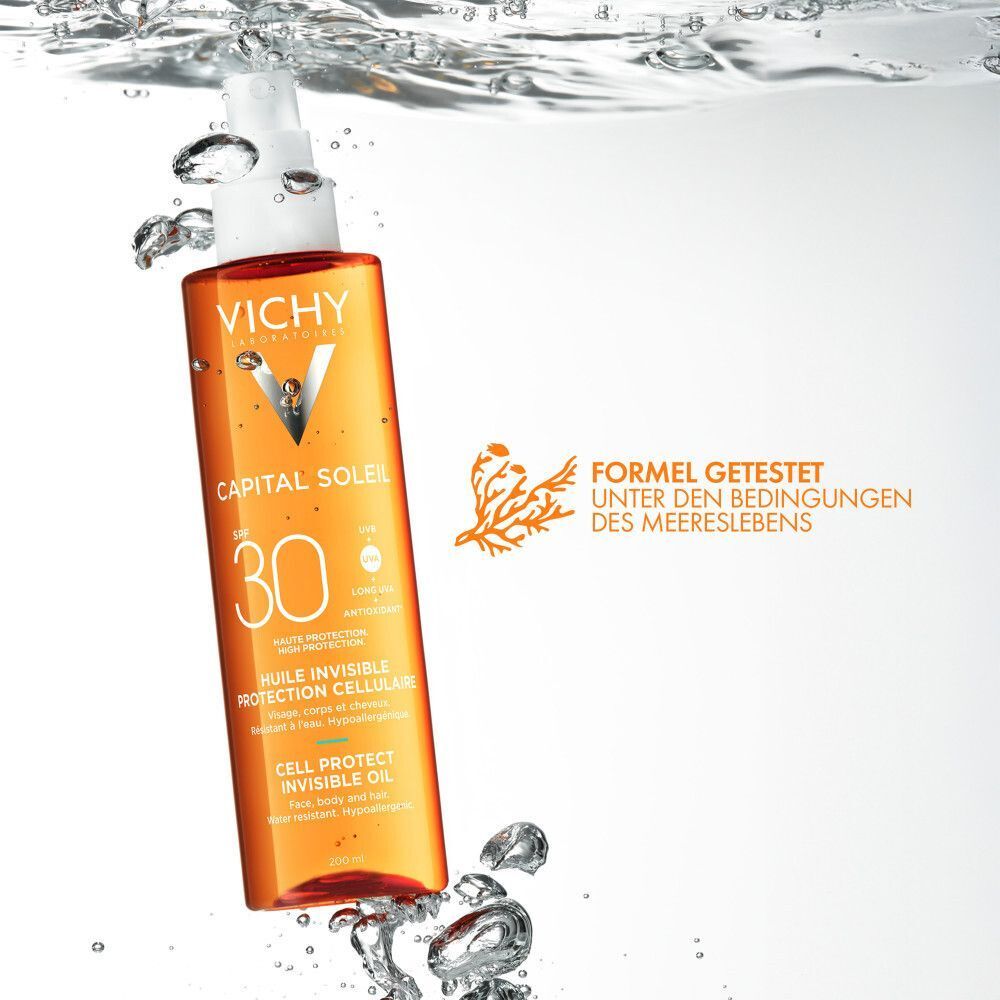 Flasche VICHY CAPITAL Soleil Cell Protect Oil LSF 30. Text: FORMEL GETESTET UNTER DEN BEDINGUNGEN DES MEERESLEBENS.
