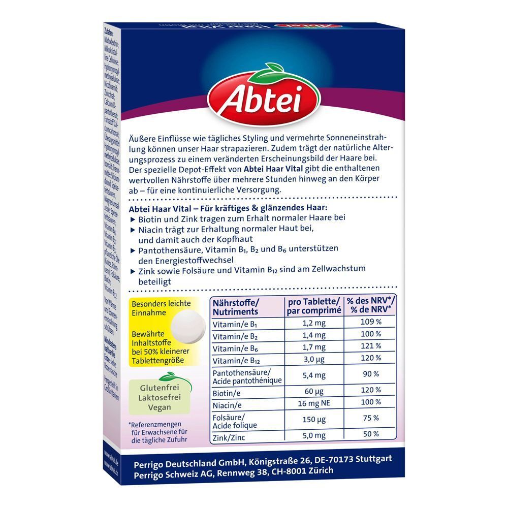 Rückseite der Abtei Haar Vital Packung. Text: Nährstofftabelle, Inhaltsstoffe, Hinweise. Glutenfrei, laktosefrei, vegan. Abtei Logo.