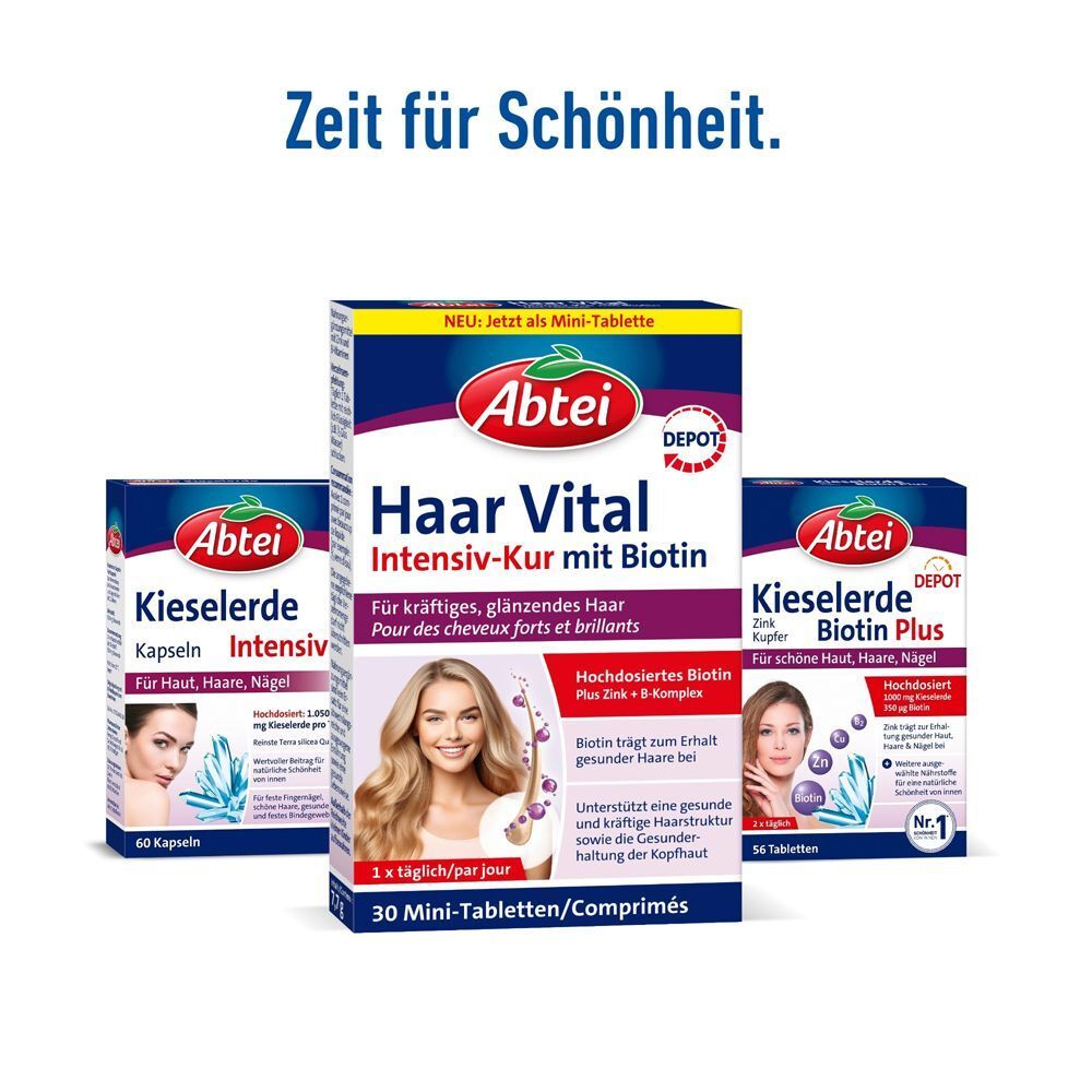 Drei Abtei Produkte: Haar Vital Intensiv-Kur, Kieselerde Intensiv, Kieselerde Biotin Plus. Text: Für kräftiges, glänzendes Haar. 30 Mini-Tabletten. Abtei Logo.