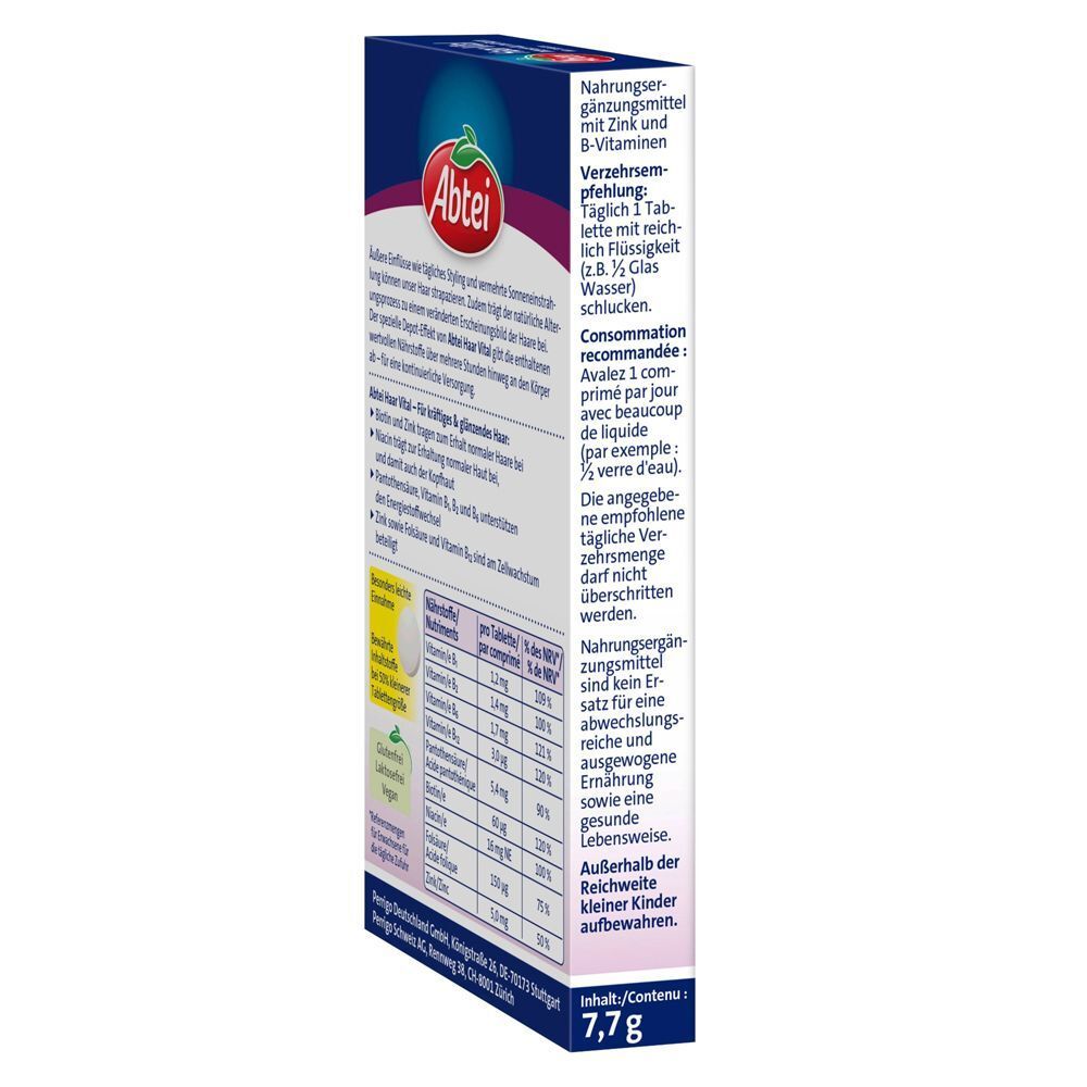 Abtei Haar Vital Packung, Seitenansicht. Text: Nährwertangaben, Verzehrempfehlung. 7,7 g. Abtei Logo.