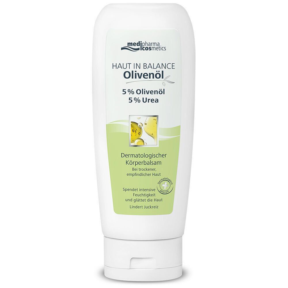 Weiße Tube Körperbalsam. Aufschrift: HAUT IN BALANCE Olivenöl, 5% Olivenöl, 5% Urea. Dermatologischer Körperbalsam.