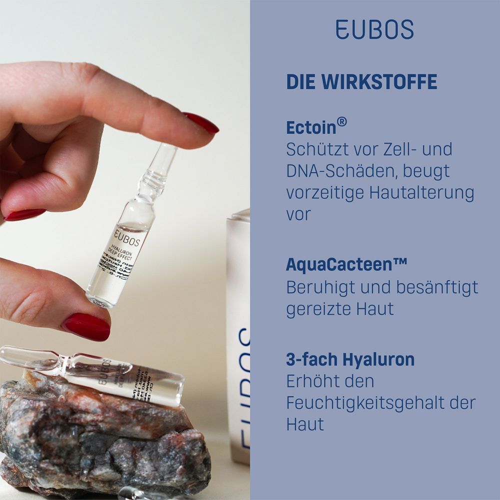 Hand hält eine EUBOS Anti Age Ampulle. Text: Ectoin, AquaCacteen, 3-fach Hyaluron. Auf einem Stein und einer Packung.